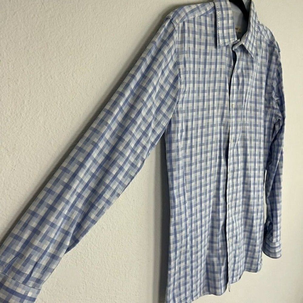 PRONTO UOMO Mens Cotton Long Sleeve Button Up Blue Plaid Abstract Shirt Large - Picture 10 of 10